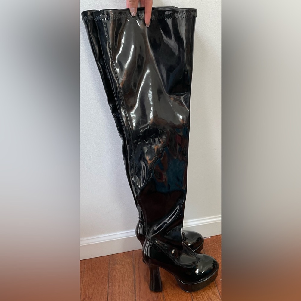 Over The Knee Patent Pleather Zip Up Heeled Boots - Size 8.5